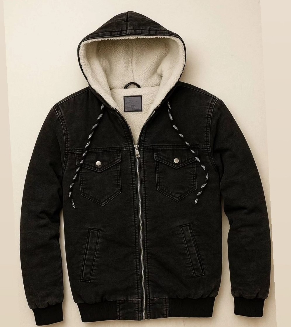 کاپشن مردانه جین زغالی سنگشور داخل خز زیپدار